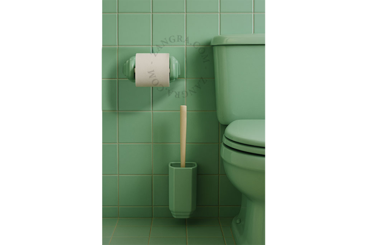 Green porcelain toilet brush holder.