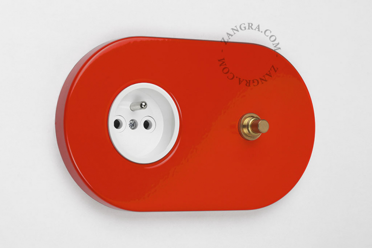 red flush mount outlet & switch – raw brass pushbutton