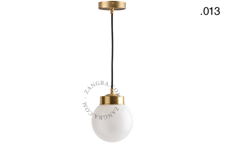 Brass pendant light with glass shade.