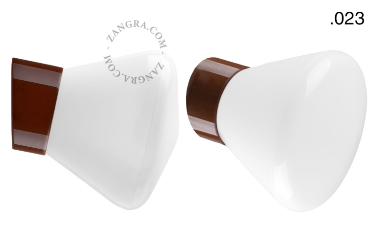 Brown porcelain wall light with glass lampshade.