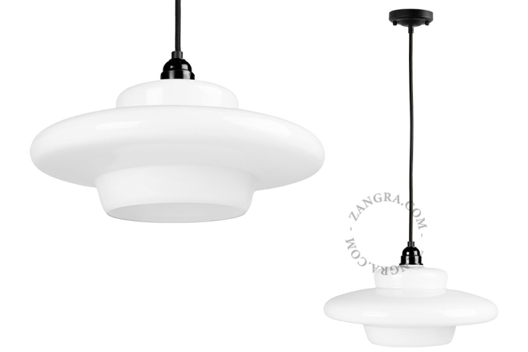 Art Deco pendant light with opal glass lampshade.