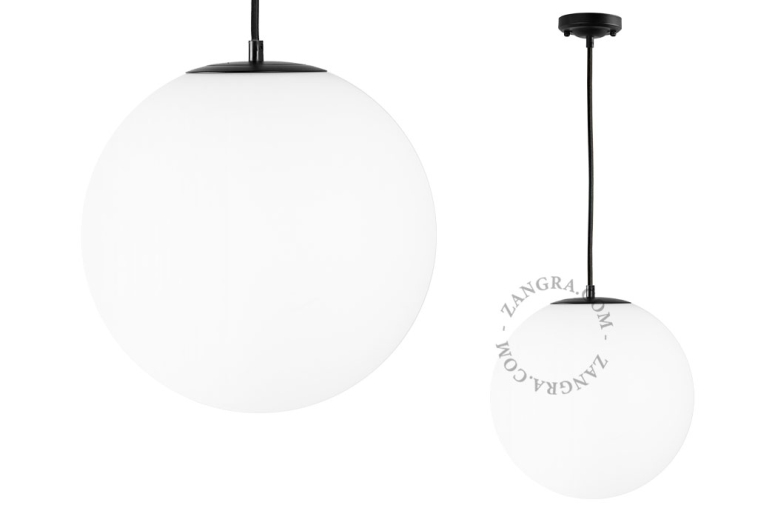 Pendant light with frosted glass lampshade.