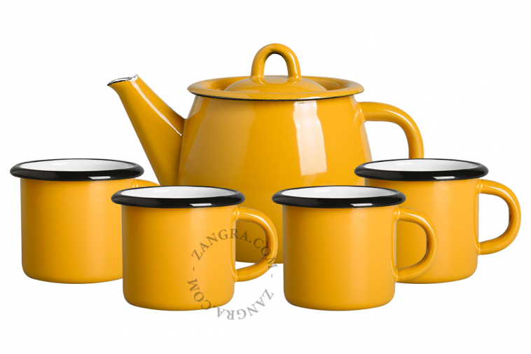 Coffee set in mustard yellow enamel