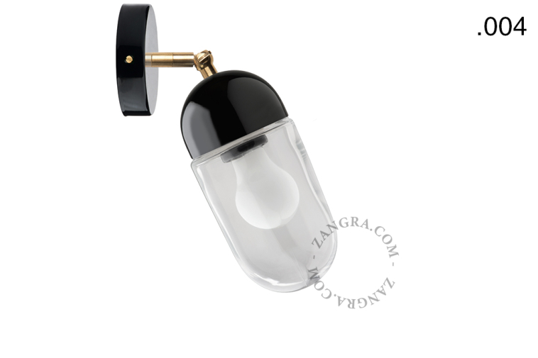Black porcelain adjustable wall light with glass shade.