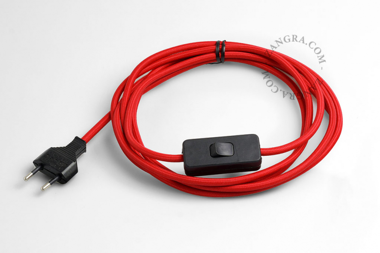 Red textile cable with black plug and switch.