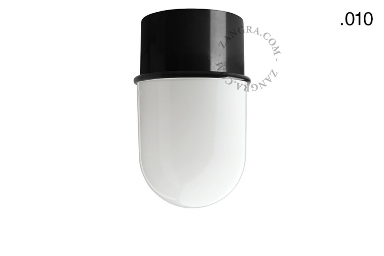 Black ceiling light with glass shade.