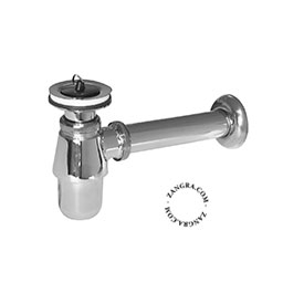 Chrome-plated bottle siphon for washbasin with strainer.