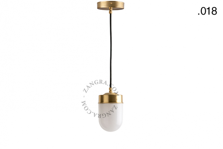 Brass pendant light with glass shade.