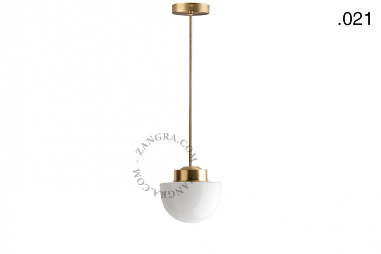 Retro brass pendant light with glass shade.