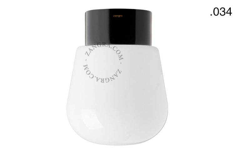 Black porcelain light with glass globe for bathroom or outdoor use.