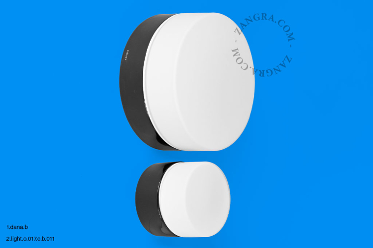 Round light fixture in black porcelain and glass.