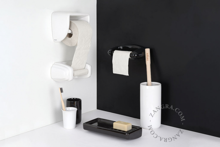 white porcelain toilet brush holder with wooden brush
