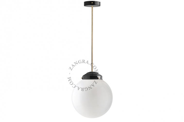 Black and brass retro pendant light schoolhouse style with glass shade.