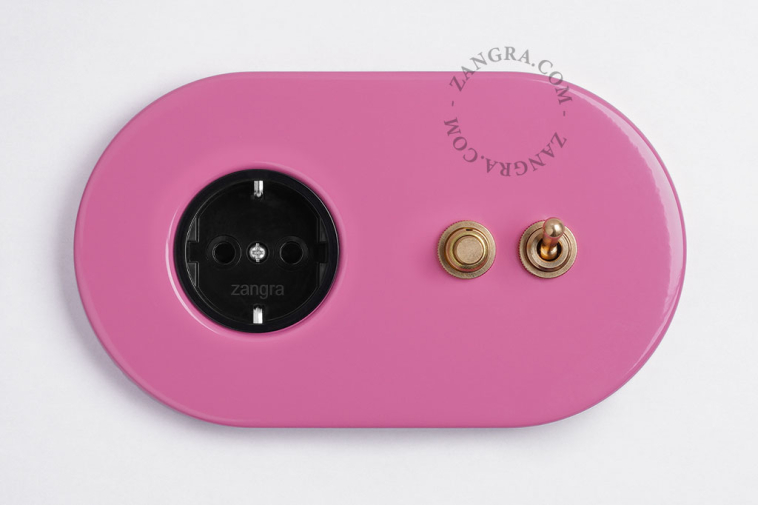 pink flush mount outlet & two-way or simple switch – raw brass toggle & pushbutton