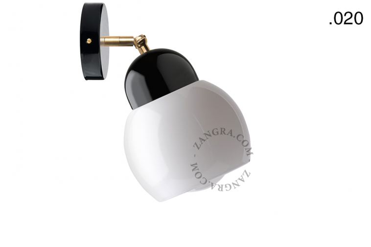 Black porcelain adjustable wall light with glass shade.