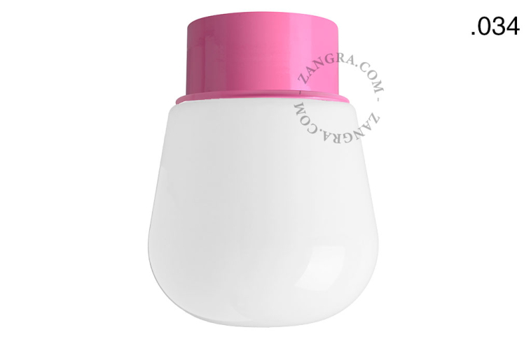 Pink ceiling light with glass shade.