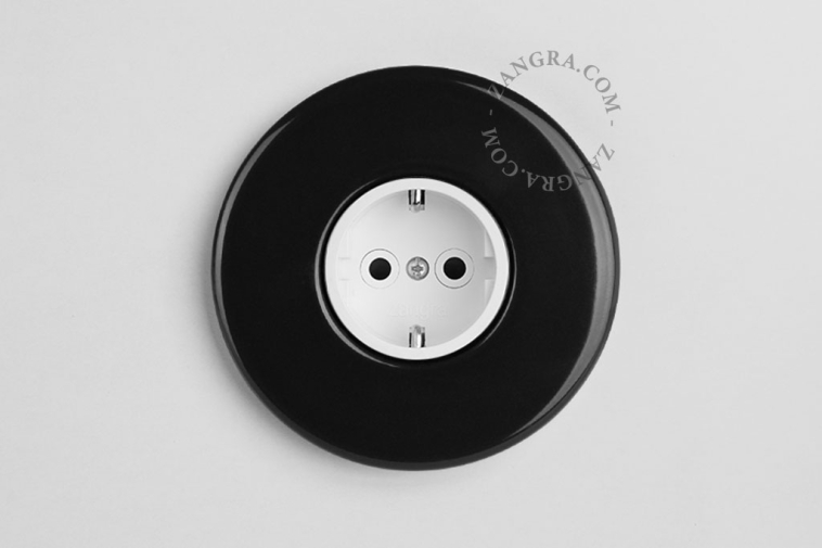 Round black porcelain flush mount outlet.