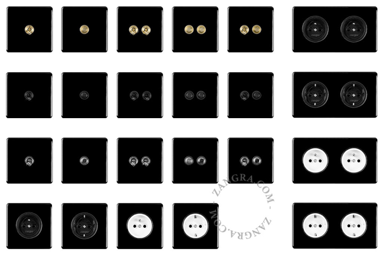 Black porcelain square-shaped push-button.