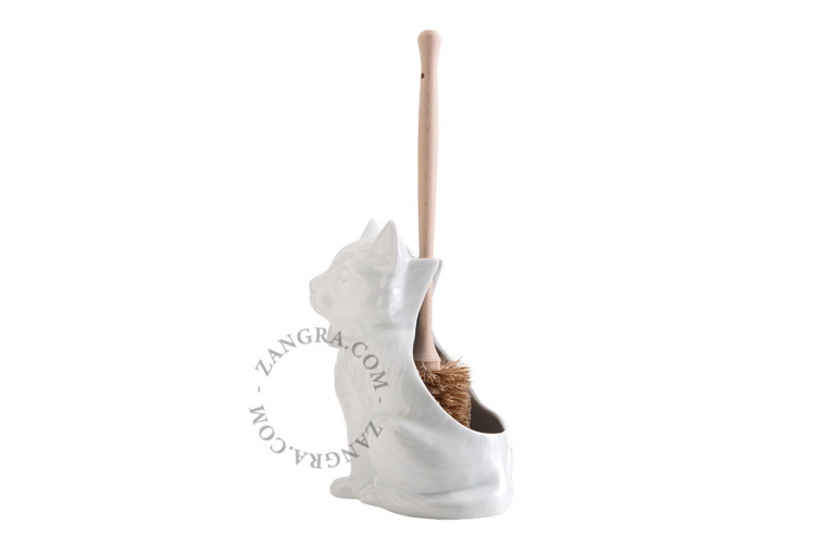 Porte-balayette en forme de chat en porcelaine avec sa brosse en bois.