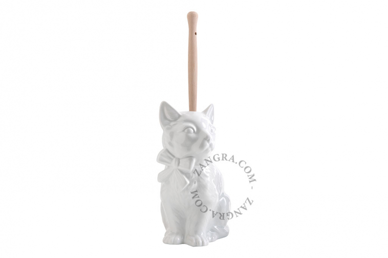 Porte-balayette en forme de chat en porcelaine avec sa brosse en bois.