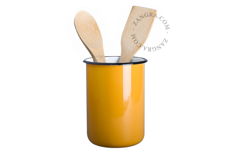 Mustard yellow enamel utensil pot.