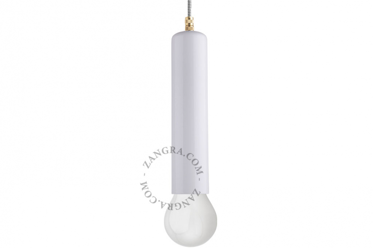 White ceramic pendant light with exposed bulb.