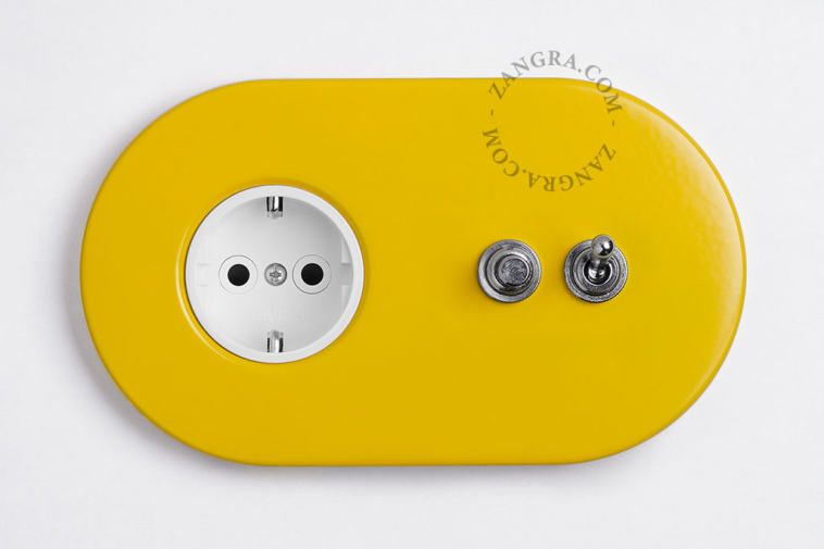 yellow flush mount outlet & two-way or simple switch – nickel-plated toggle & pushbutton