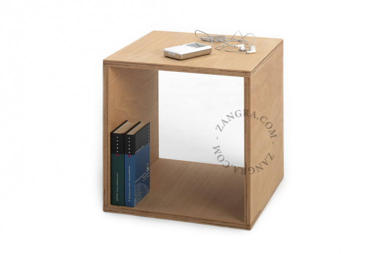 Cube-shaped bedside table.