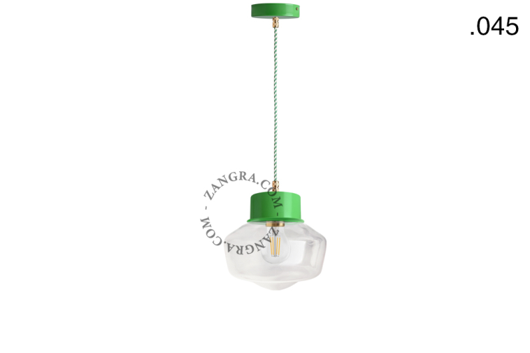 Green pendant light with glass shade.