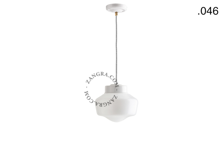 White porcelain pendant light with glass shade.