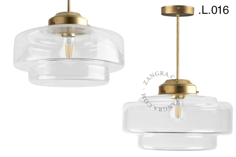 Brass retro pendant light schoolhouse style with glass shade.