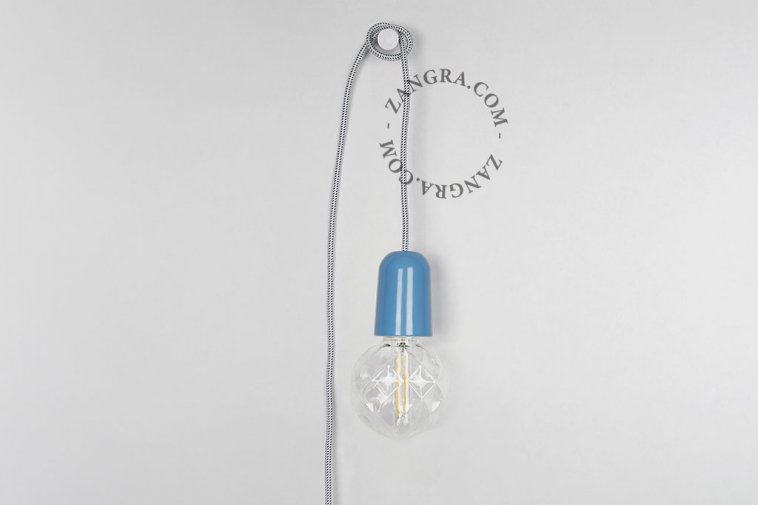 Blue porcelain plug-in pendant light with switch.