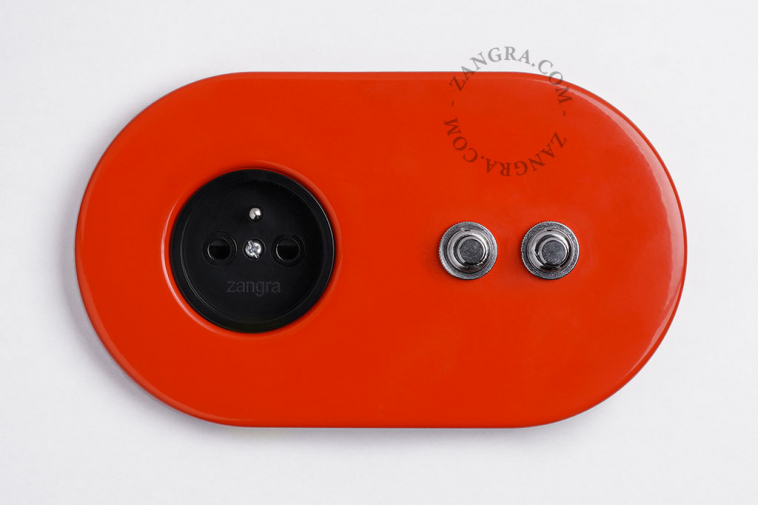 red wall outlet with double switch - nickel-plated pushbuttons