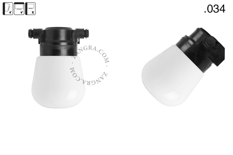 Black wall light with glass globe for outdoor or bathroom use.