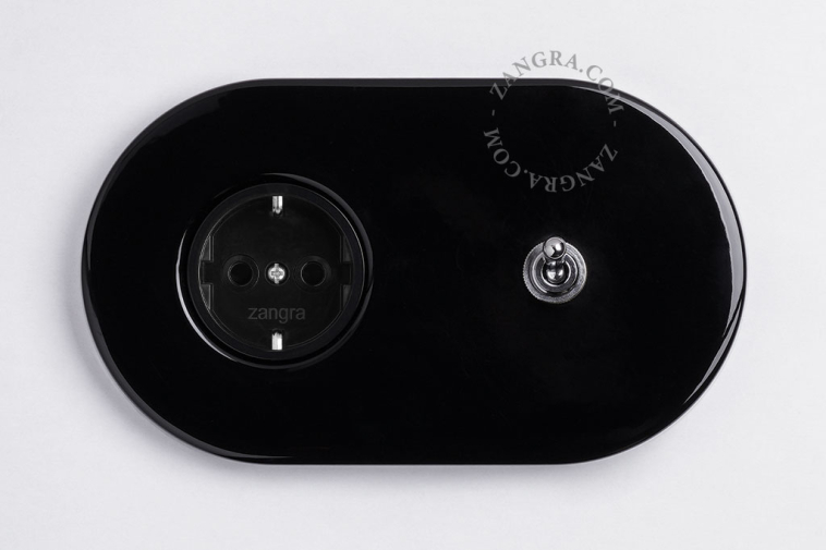 Black flush mount outlet & switch with nickel-plated toggle.