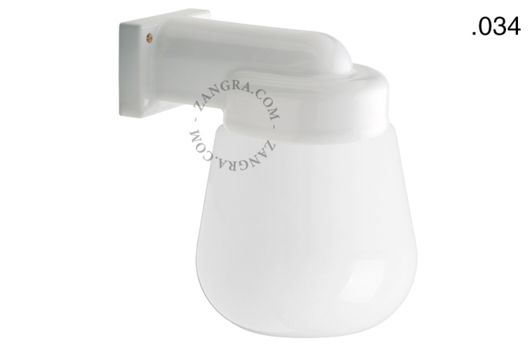 White porcelain wall light with glass globe for bathroom or outdoor use.