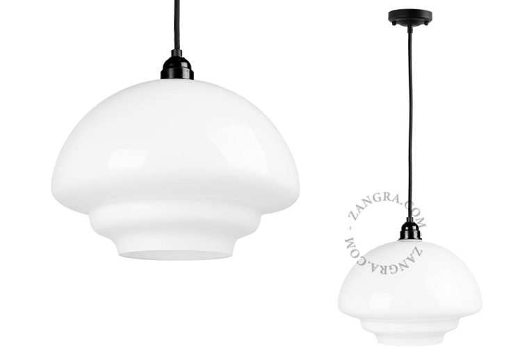 Art Deco pendant light with opal glass lampshade.