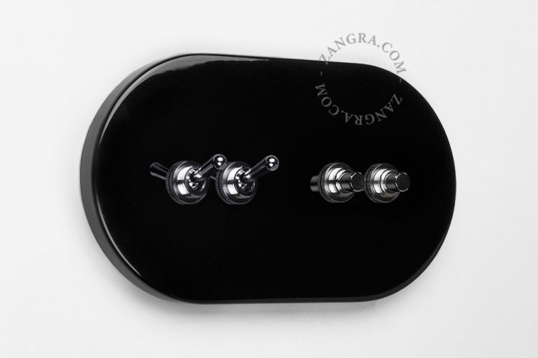 Black switch with 2 nickel-plated toggles and 2 pushbuttons.