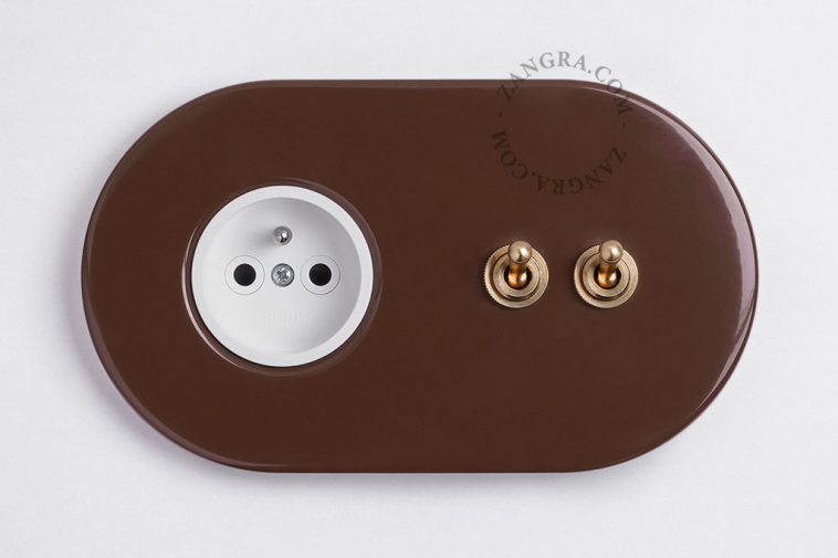 brown flush mount outlet & two-way or simple switch – double raw brass toggle