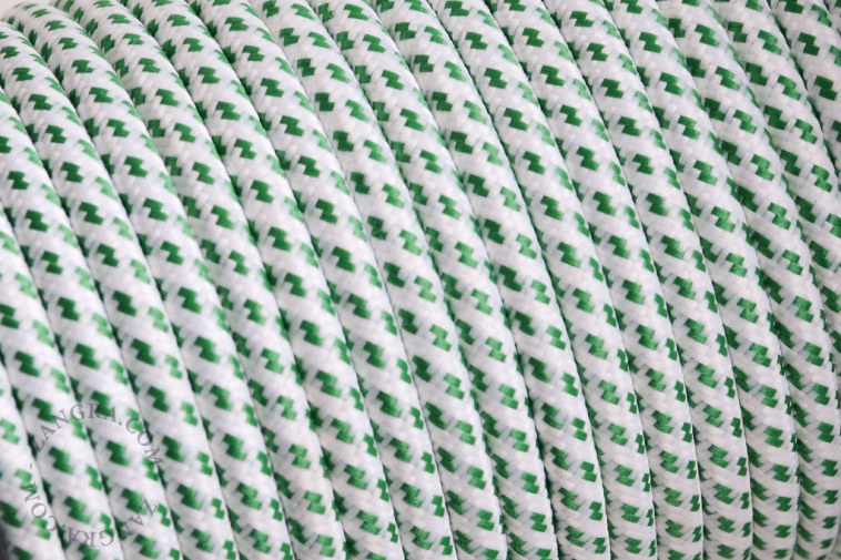 White fabric cable with green pattern.