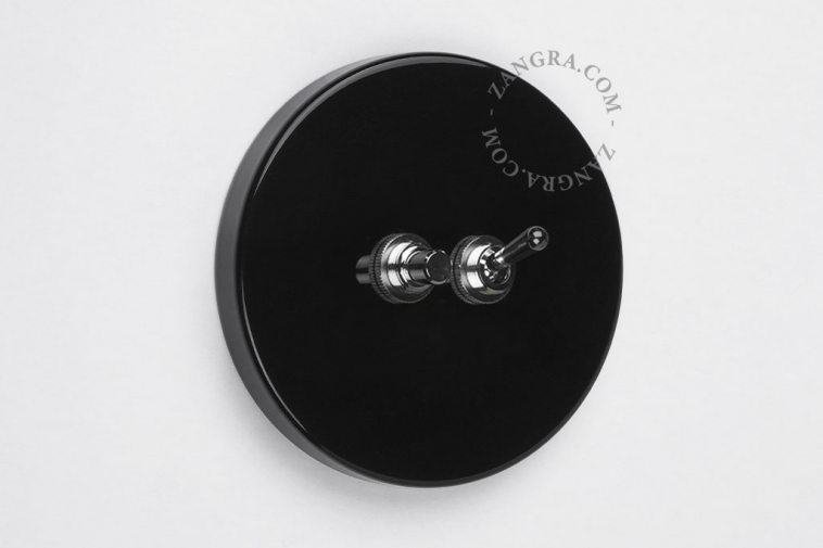 Round black switch with one nickel-plated toggle and one pushbutton.