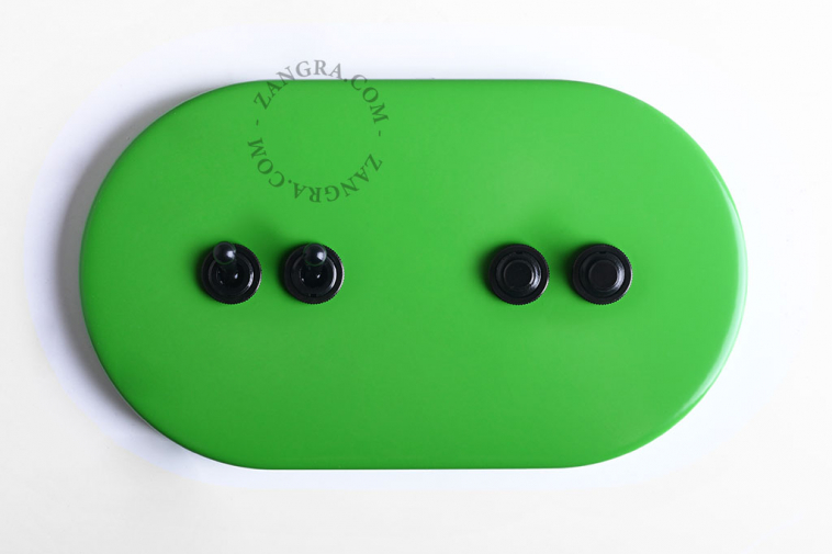 Ovale green switch with 2 levers and 2 pushbuttons.