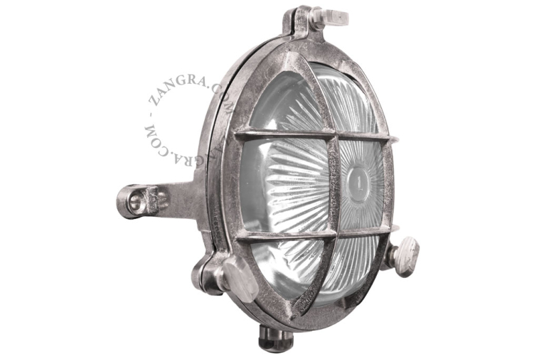 Nickel-plated brass marine wall light for outdoor use or bathroom.