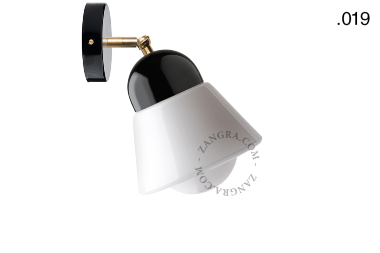 Black porcelain adjustable wall light with glass shade.