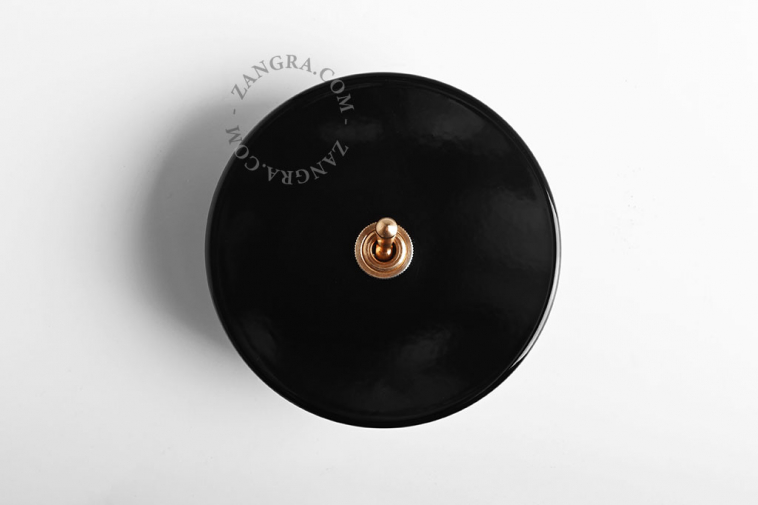 Round black light switch with brass toggle.