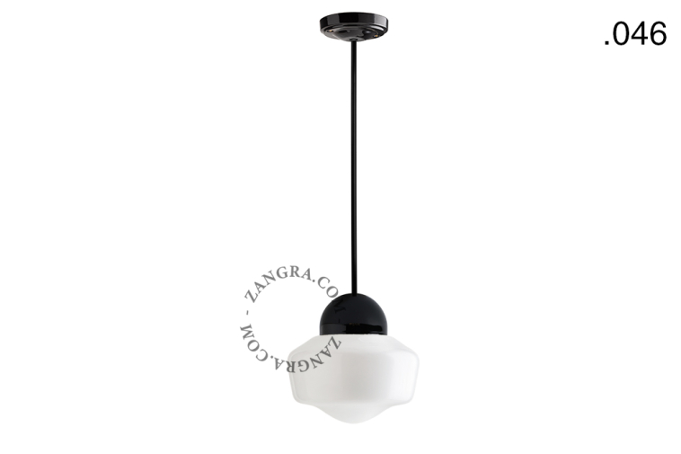 Black porcelain ceiling light with glass shade.