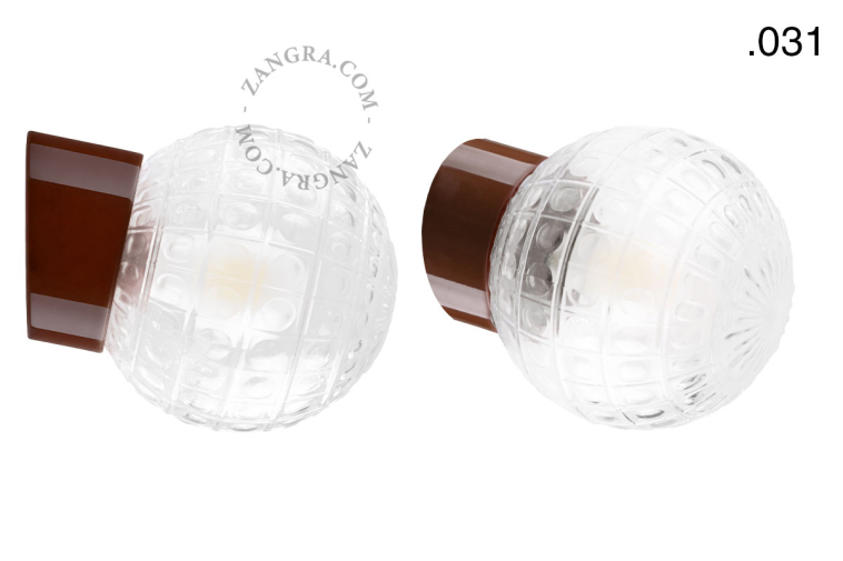 Brown porcelain wall light with glass lampshade.