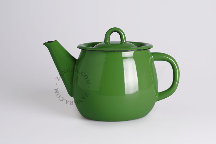Green enamel teapot.