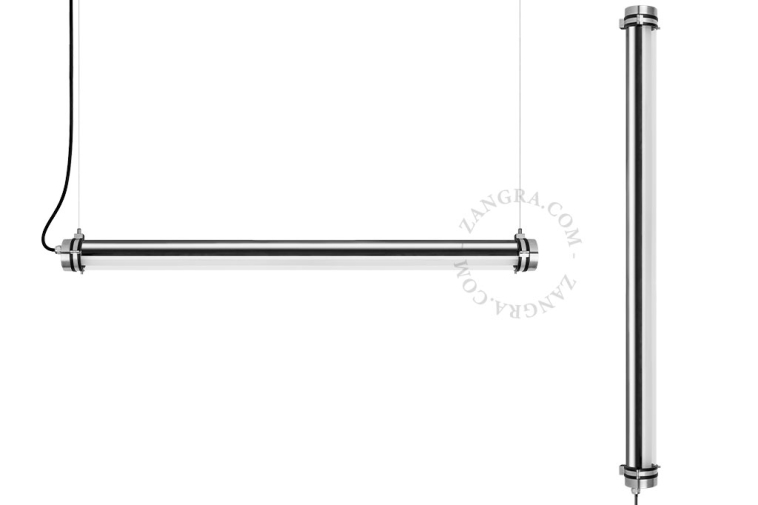 Lampe tubulaire en verre et acier inoxydable.