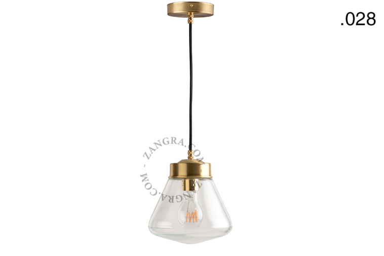 Brass pendant light with glass shade.